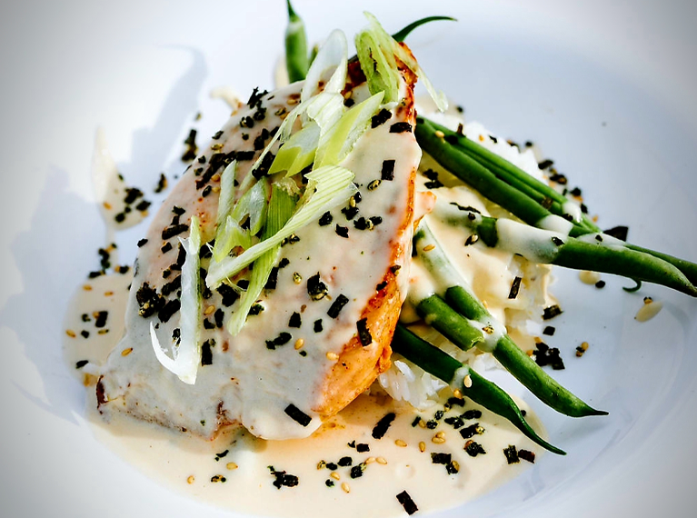 Seared Mahi-Mahi w/ an Asian Creamy Avocado Sauce  w/ Steamed Rice & Sautéed Mix Vegetables